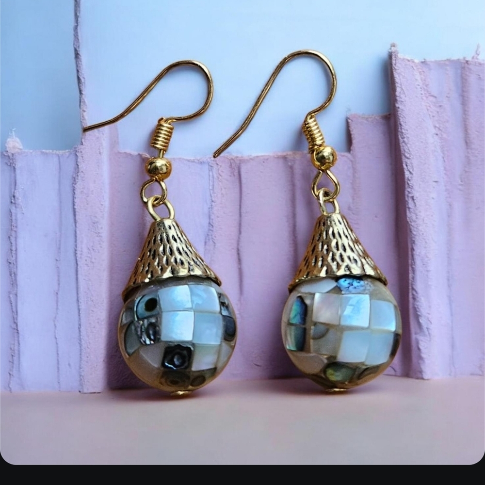 Mosaic Mother of Pearl Dangle Earrings. Last Pic Color is more accurate. - Picture 3 of 6